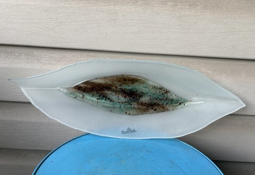 Vintage Rosenthal Leaf Shape Blue Brown Frosted Long Glass Dish Tray 19" Germany
