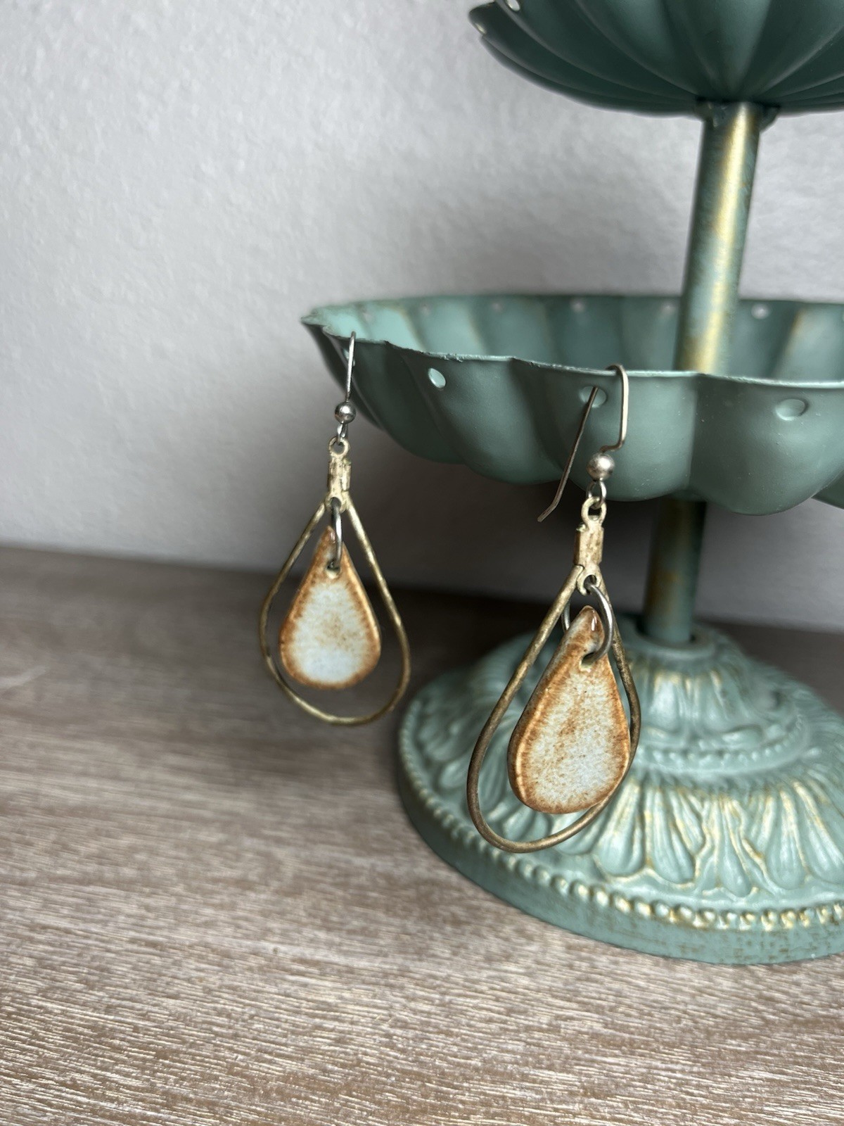 Rustic Double Teardrop Dangle Earrings Ceramic Sp… - image 1