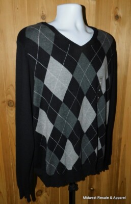 Croft & Barrow Men's Sweater Black Gray Argyle V-Neck Size XL