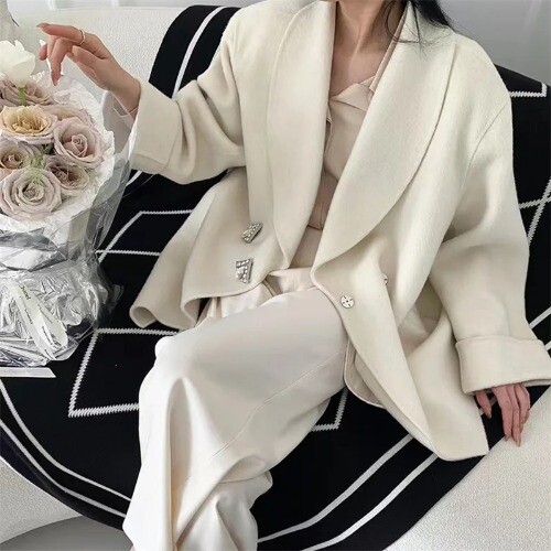 2024Mulberry Silk Double Sided Wool Coat Women's Button Full Diamond Trench Coat - Bild 4 von 28