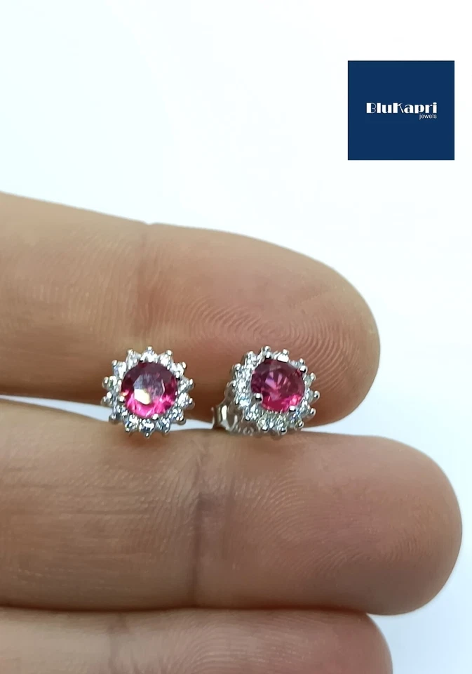 Orecchini ROTONDI  rosso rubino Gioielli Donna in Argento 925 rodiato Oro Bianco - Immagine 2 di 4