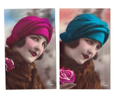 SB5092  SET OF 2 ROARING  TWENTIES GLAMOUR   WOMAN HAT FASHION RPPC