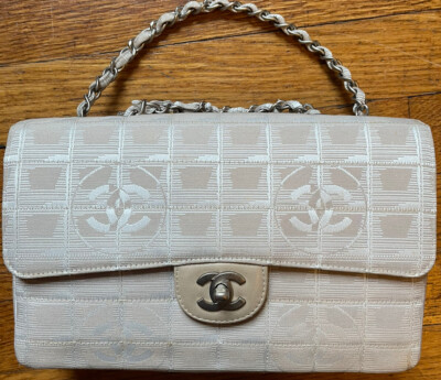 Authentic Chanel Travel Line Double Chain Flap Shoulder Bag Beige 