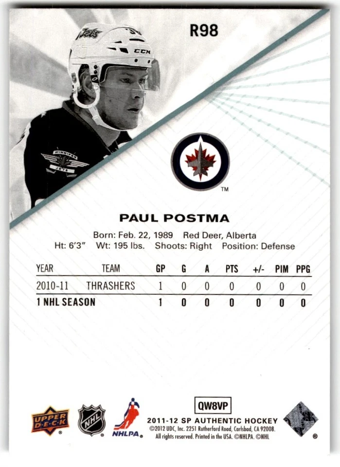 Paul Postma 2011-12 SP Authentic Extended Rookie #R98 Winnipeg Jets - Image 2 of 2