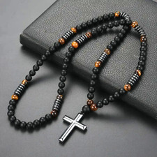 Vintage Black Obsidian Stone Tiger Eye Beaded Cross Pendant Long Necklace Unisex