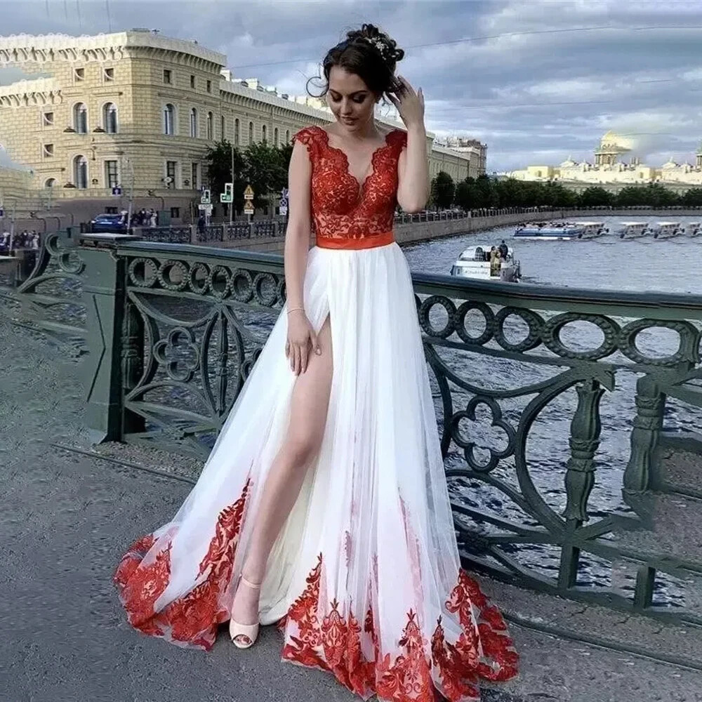 Red And White Vintage Lace Wedding Dresses A-Line Tulle Front Slit Bride Gowns | eBay Red And White Vintage Lace Wedding Dresses A-Line Tulle Front Slit Bride Gowns | eBay