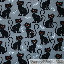 BonEful Fabric FQ Cotton Quilt Gray Black White B W Cat Fish Bone Halloween Zoo