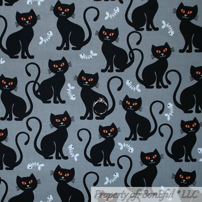 BonEful Fabric FQ Cotton Quilt Gray Black White B&W Cat Fish Bone Halloween Zoo