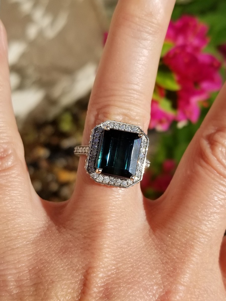 7TCW Gorgeous Dark Indicolite Blue Tourmaline Diamond Halo 18k