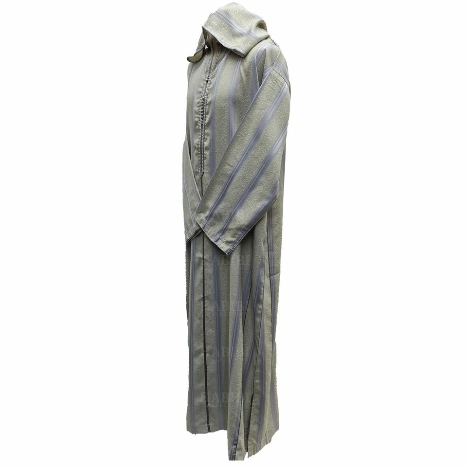 Djellaba Homme Grise à Capuche, Manches Longues, Coton, Fabriquée Au Maroc