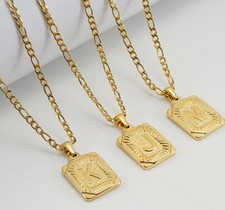 18K Gold Plated Square Capital Letter A-Z Monogram Pendant Figaro Chain Necklace