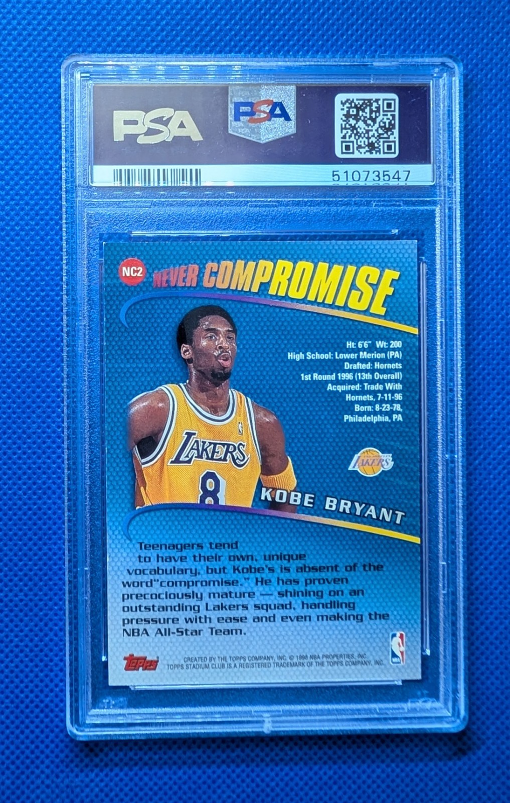 1998-99 Stadium Club Kobe Bryant Never Compromise #NC2 PSA 8 NM-MT Lakers view 2