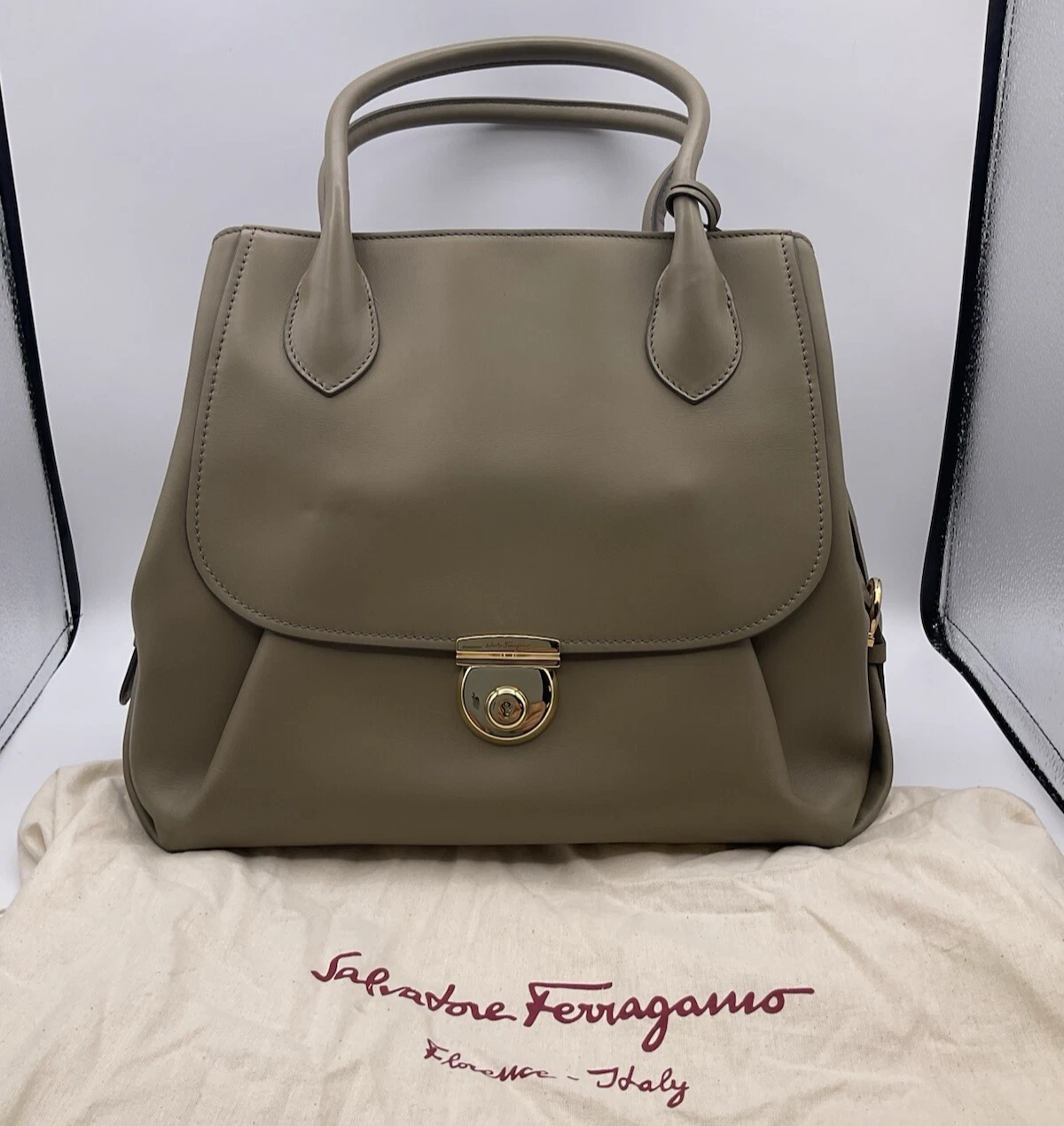 Ferragamo — Salvatore Ferragamo Fiamma Tote Taupe Leather Large Shoulder Bag