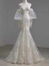 French Style White Lace Wedding Dress Long Sleeve Off The Shoulder Mermaid