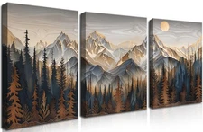 Wood Mountain Wall Decor Set of 3, Retro Natural Sun Landscape Canvas Wall Ar...
