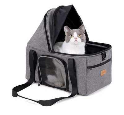 mivo Soft-Sided Cat Carrier Bag, Gray Fabric w/ Mesh Window Shoulder Strap