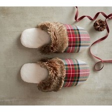 Pottery Barn Stewart Plaid Flannel Faux Fur Slippers size Small
