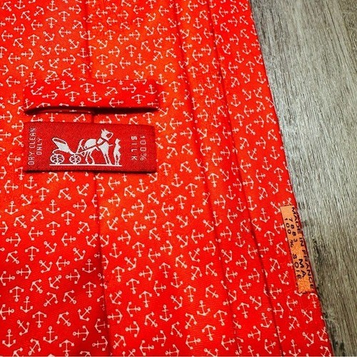 HERMES Vintage Silk Tie All Over Anchor Print Red Designer Office Work - Picture 3 of 7