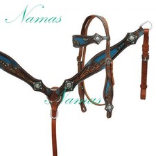 Western Saddle Horse Bling Turquoise Leather Tack Set Bridle  Breast Collar