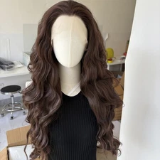 Soft Dark brown Synthetic Hair Pre Plucked Lace Frontal Wigs Long Wavy
