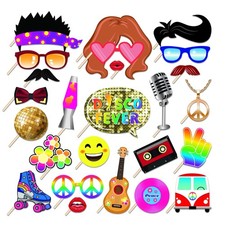 25Pcs Disco Photo Booth Props with Stick, 50's 60's 70's 80's Theme Selfie Pr...