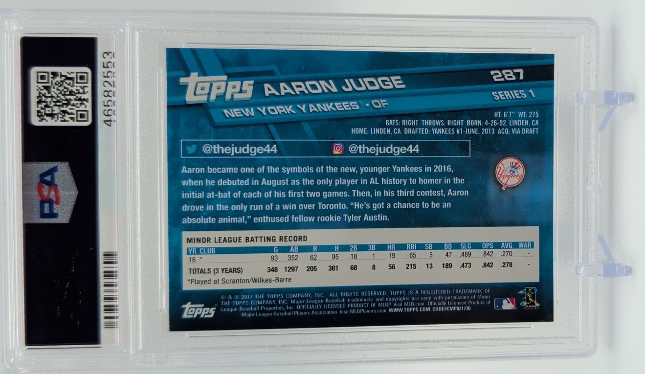2017 Topps Aaron Judge #287a RC Yankees PSA 10 view 2