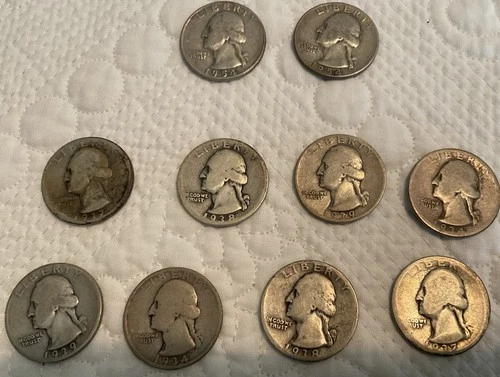 lot of 10 silver washington quarters dates 1930’s 1954