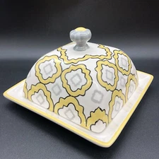 Cheese Butter Dish Square Ceramic Yellow Gray Geometric Pattern Covered 6.5"