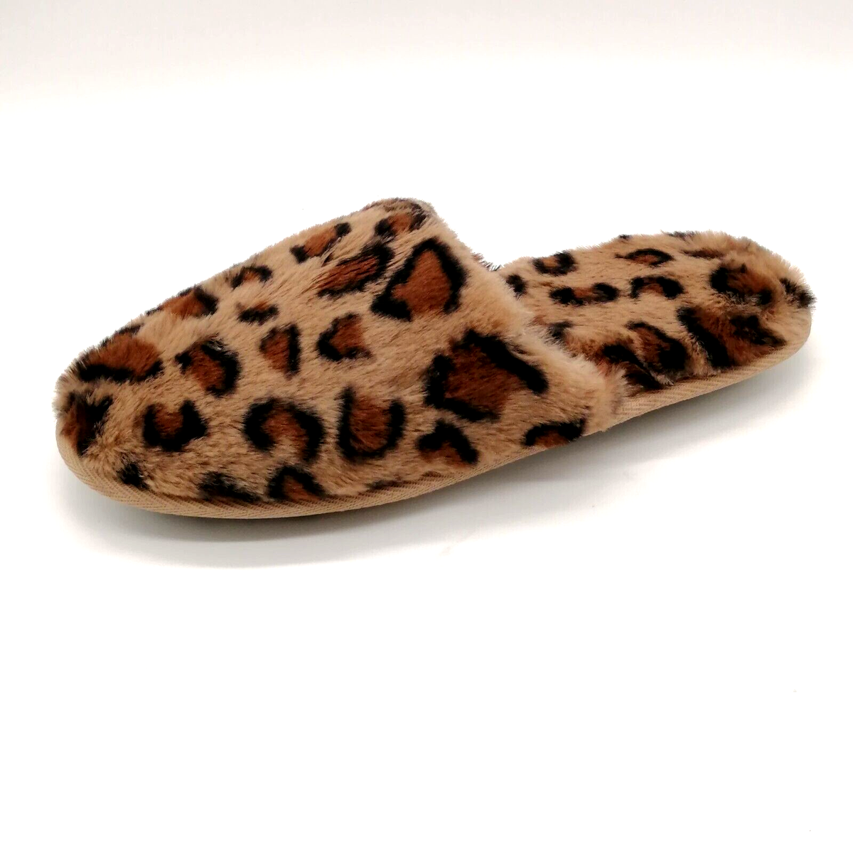 Womens Slipper Flat Heel Slide Mule Cushioned Faux Fur Leopard Print L NEW