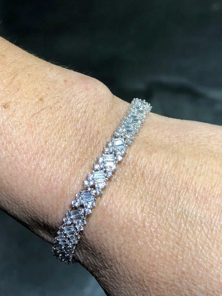 Platinum Sterling Silver White Sapphire Baguette Cut Halo Design Tennis Bracelet