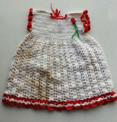 Hand Crochet Potholder Large Dress Red & White Cutter Craft stained