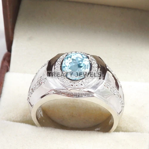 Aquamarine Oval Cut Gemstone With 14K Solid White Gold Ring For Men's #A767