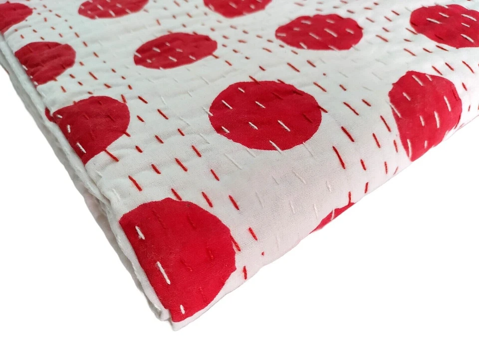 Indian Vintage Coverlet Bedspread Queen Size Kantha Quilt Polka Dot Print Gudari - Image 2 of 4