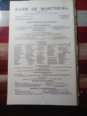 Antike Werbung BANK VON MONTREAL von 1906 mit allen aufgelisteten Filialen Sir Drummond