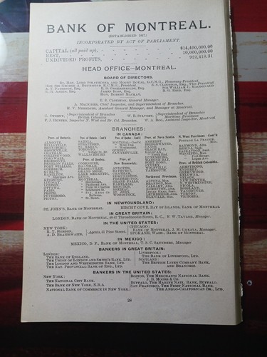 1906 Antique Advertising BANK OF MONTREAL with All Branches Listed Sir Drummond