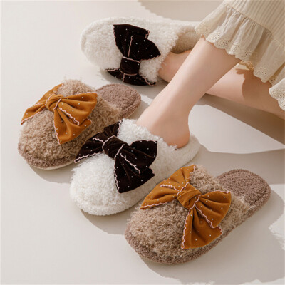 Winter Indoor House Slippers with Bowknot Decor Warm Shoes for Women and  Girls