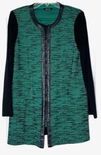 MISOOK Green Black Melange Tweed Knit Leather Trim Zip Cardigan Jacket S 6/8