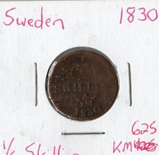 Coin Sweden 1/6 Skilling 1830 KM625