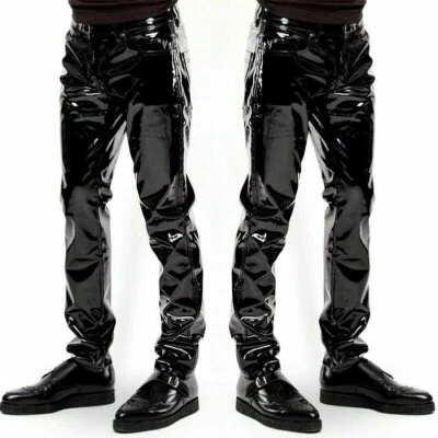 Pantalon homme simili cuir PVC long brillant club danse vêtements punk goth noir - Photo 1/4