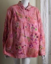 Cj Banks Sz 2x Art-to-wear Pink Washed Fabric Crewel Funky Blazer Jacket