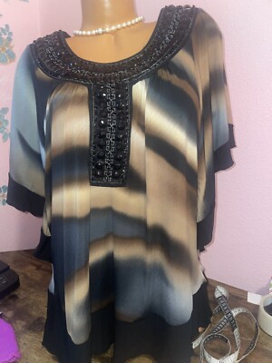 J.T.B. Women s Sz 2X Embellished Animal Print Bat Sleeve Blouse(R)