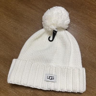 New UGG Ivory Pom - Pom Rib Knit Cuffed Beanie Hat One Size New With Tags Snow