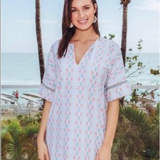 CABANA LIFE Bunglo UPF 50 Pink Mint Lauren Tunic Shift Dress Silver Crochet L