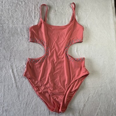 AERI  Coral With Blue Dots One Piece Swimsuit  Size Extra Large Open Sides