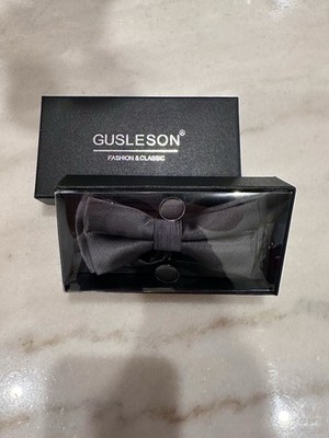 Gusleson Bow Tie Gray Solid Pattern Men's Fashion Classic Gift Box Included