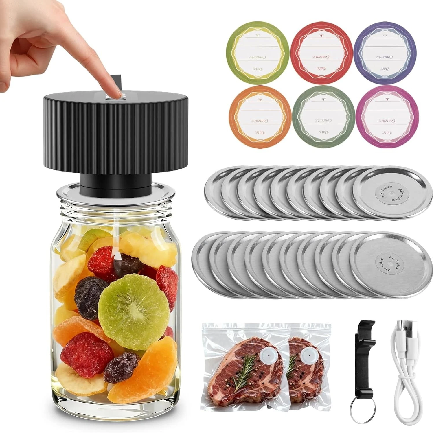 Electric Mason Jar Vacuum Sealer Kit One-Touch Electric Sealing， Wide-Mouth