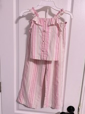 Girls Pink White Striped Sleeveless Top Pants Set, Ruffle Button Accent