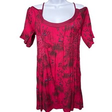 FREE PEOPLE Womens Red Floral Cold Shoulder Mini Dress 6 Lace Smocked Boho-Chic