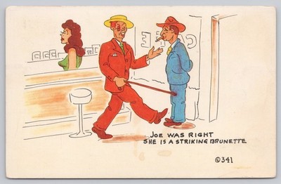 Vintage KROMEKOLOR Comic Postcard - ''Striking Brunette'' Bar Scene Humor