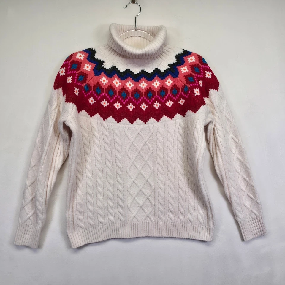 LOFT Fair Isle Sweater Womens M Cream Turtleneck Cable Knit Chunky Nordic Cozy - Image 3 of 4